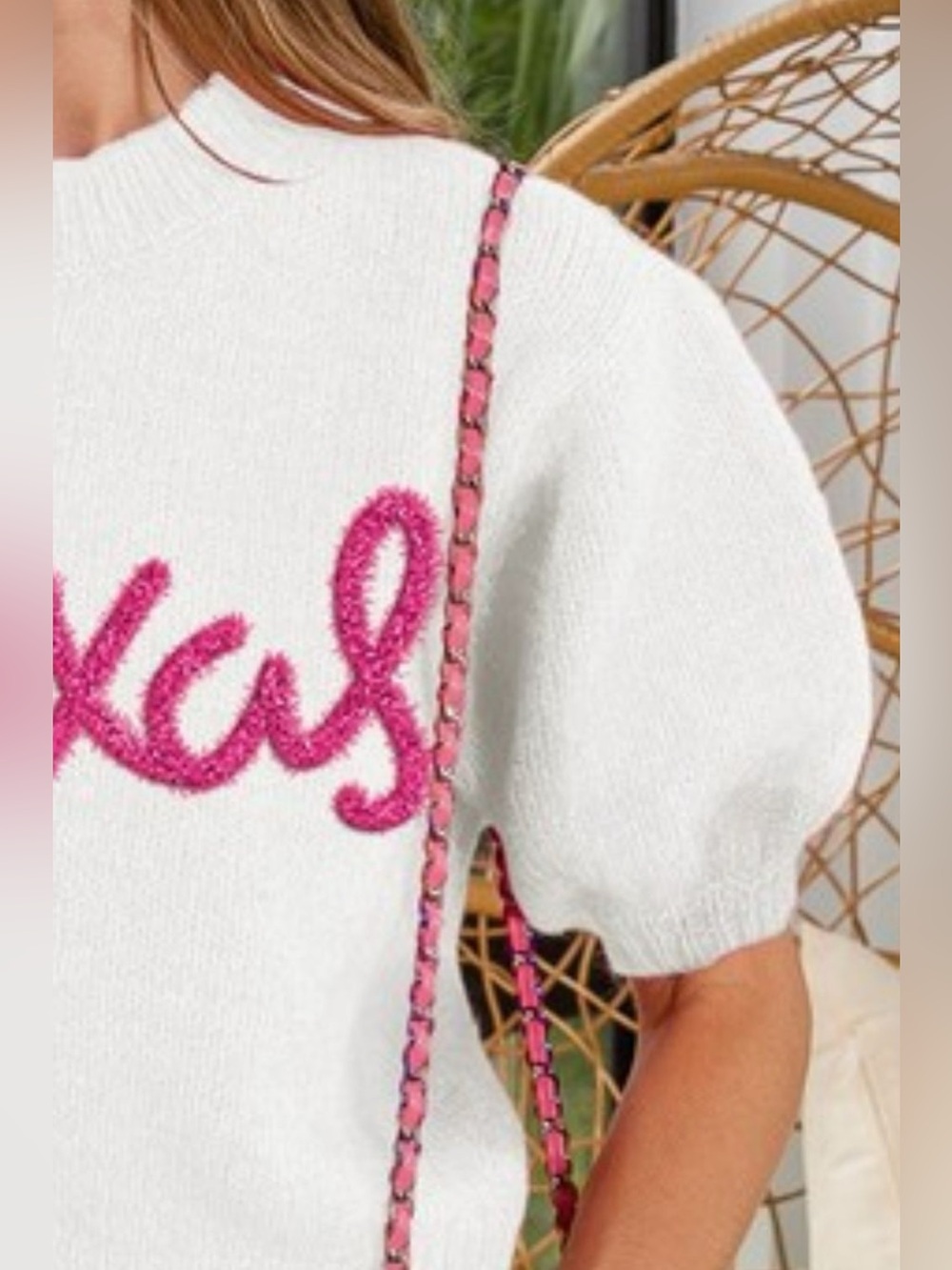 BiBi Metallic Letter Short Puff Sleeve Hairy Sweater - Picture 3 of 3